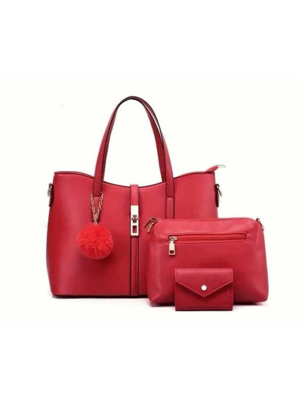 New - Chic - 3pcs - Multi Functional - Faux Leather - Tote Bag Set - Red